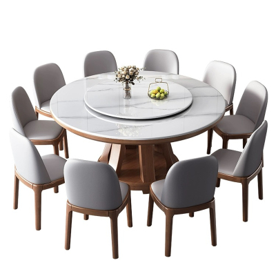 轻奢岩板餐桌椅组合现代简约小户型家用饭桌圆形带转盘实木大圆桌