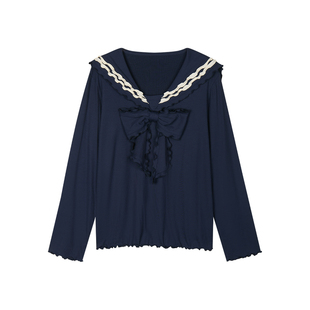 UOOYAA/乌丫2026春季新款「奇幻都市」蝴蝶结海军领长袖T恤