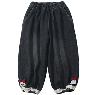 女童加绒裤子秋冬季超好看儿童宽松灯笼长裤宝宝一体绒加厚牛仔裤