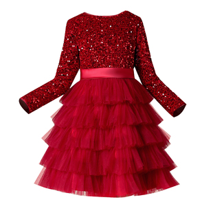 儿童生日礼服女童长袖公主裙蓬蓬纱裙女孩主持人比赛红色礼服冬款