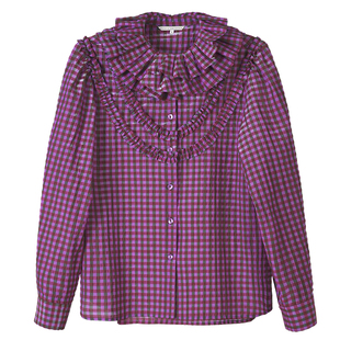 FountainMountain vol.29 玫紫格纹双层荷叶边翻领花边长袖衬衫