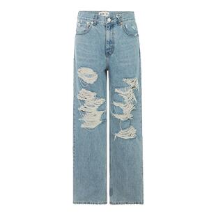 RECTO 春夏女士棉质做旧破洞水洗直筒牛仔裤银泰百货 300013