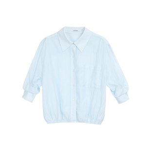 pusumede 雾屿白蓝 莱赛尔条纹衬衫女设计感微透宽松气质长袖衬衣