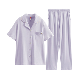 芬腾睡衣女款春夏季纯棉短袖长裤V领开衫休闲中年全棉家居服套装