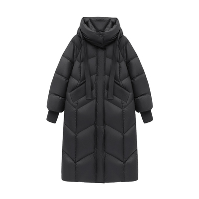 Basic House/百家好长款连帽羽绒服2025冬季新款保暖菱格羽绒外套