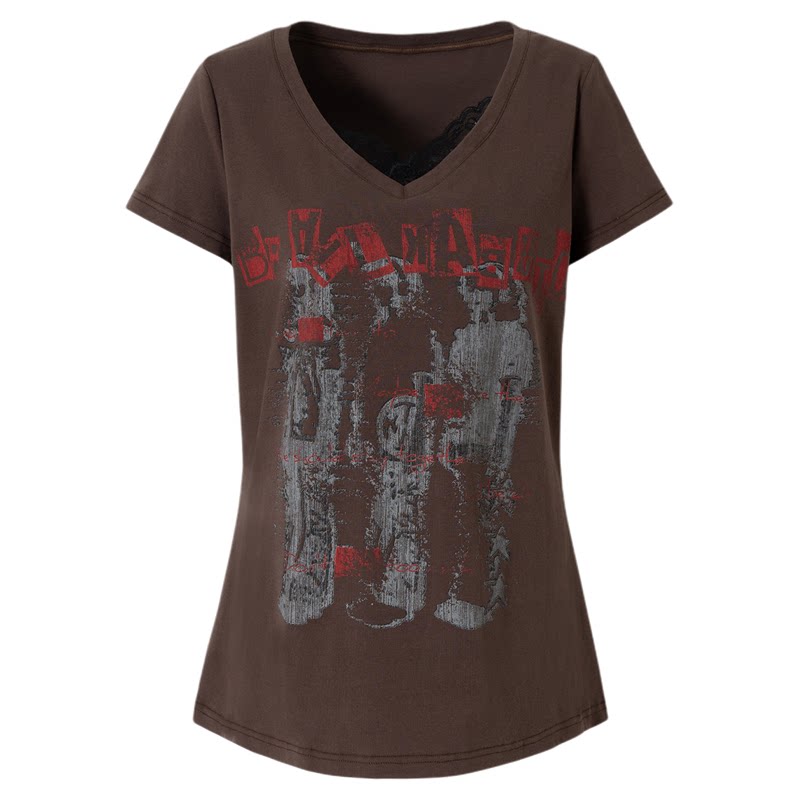 BAK原创印花V领镂空短袖T恤女