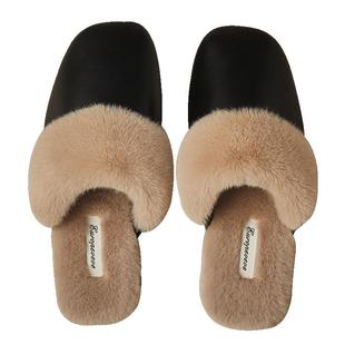 黑色女款皮棉拖鞋冬季加绒保暖防滑室内居家用防水pu拖鞋女士冬天