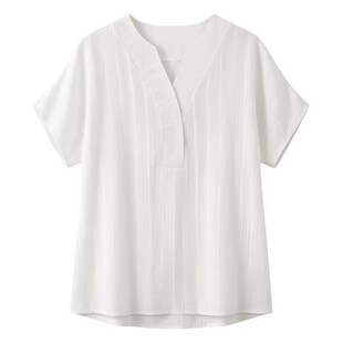 200斤妈妈高级感上衣短袖大码胖mm夏品牌亚麻衬衫女条纹麻料妈妈