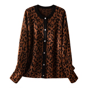 豹富美学~100%重磅山羊绒复古咖色豹纹针织开衫女加厚外套