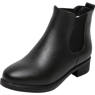 百搭秋冬黑色短靴女工作鞋加绒切尔西靴短筒女士皮靴软底通勤女鞋