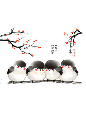 防水好贴治愈系贴纸贴画可爱萌萌哒小鸟水墨画国画风格卧室床头贴