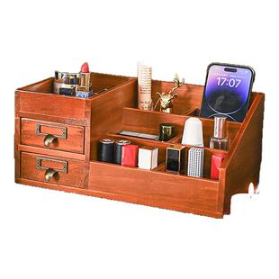 桌面化妆品口红收纳盒办公桌笔筒带抽屉置物架实木收纳小柜子
