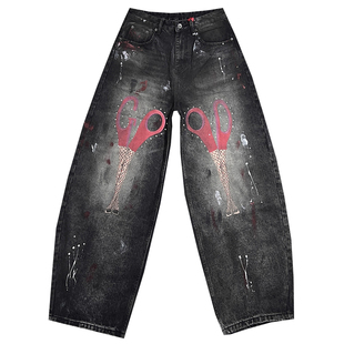 重磅水洗黑灰色做旧泼墨印花直筒牛仔裤男款潮牌痞帅发型师阔腿裤
