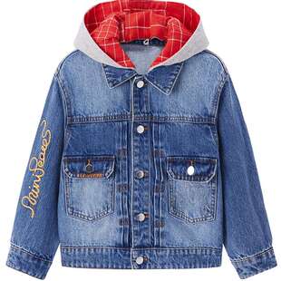 【专柜同款】MINIPEACE太平鸟童装男童拼接连帽牛仔外套红色春装