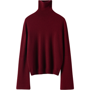 爆爱巨美~酒红色双层大廓袖高领羊绒衫女纯羊绒毛衣套头2024秋冬