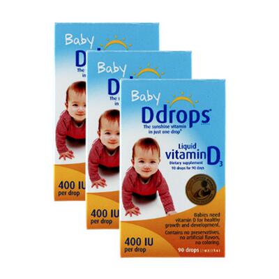 【自营】加拿大ddrops维生素D3滴剂0-1岁婴儿液体补钙400IU*3瓶