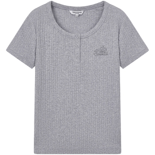 TeenieWeenie小熊女装T恤26春夏新品时髦纽扣半门襟圆领短袖上衣