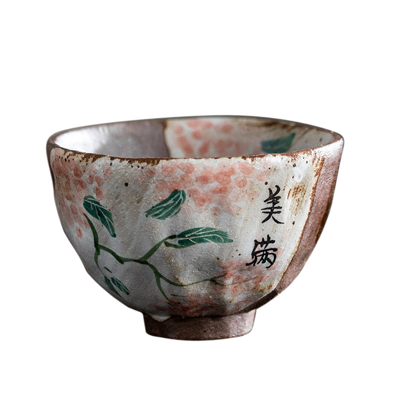 复古手绘老岩泥粗陶小茶杯柴烧功夫茶具海棠杯斗笠杯主人杯单杯
