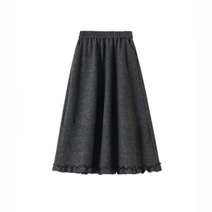 深灰色木耳边拼接半身裙女秋冬季加厚A字中长裙松紧腰加绒毛呢裙