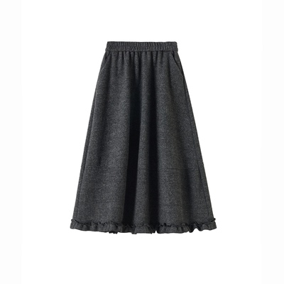 秋冬季加厚木耳边拼接毛呢半身裙