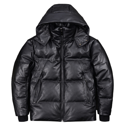 真皮鹅绒羽绒服连帽可拆立领外套