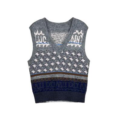 谜底V领套头针织衫女冬季新品复古提花短款毛衣背心244MZ1870