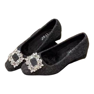 秋冬毛毛鞋女冬外穿新款法式方头浅口单鞋女加绒仙女风通勤晚晚鞋