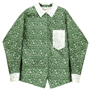 阁兰秀2025年秋季新品深绿色小碎花设计感全棉衬衫落肩袖衬衣女装