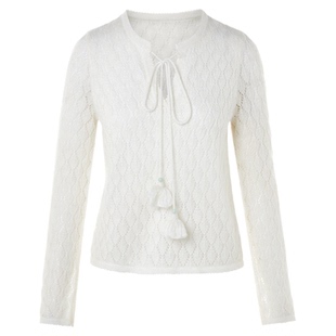 朗姿修身镂空毛针织衫优雅复古系带领通勤风毛衣女2026年春季新款