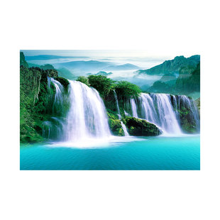 旭日东升瀑布流水生财山水画迎客松青山绿水装饰画客厅办公室挂画