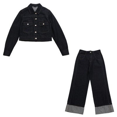 原牛短款牛仔外套直筒牛仔裤套装