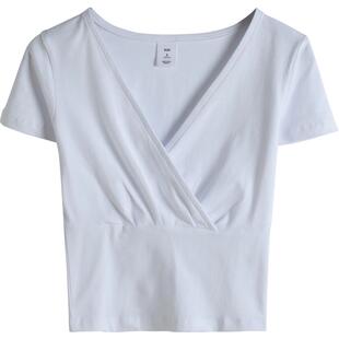 短款上衣女粉色t恤短袖2024年新款低胸v领紧身高腰露脐装夏ins潮