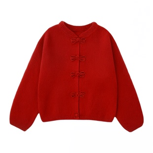 幼悠女童新中式老钱风毛衣外套冬季元气可爱罗纹织边防风保暖上衣
