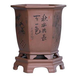 大德号紫砂兰花花盆君子兰蓝草盆景宫灯六方形带托盘盆景专用花瓶