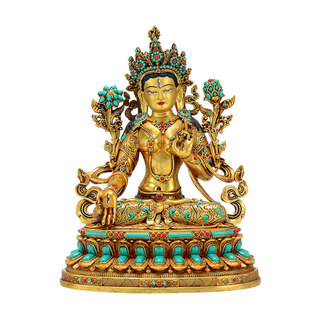 藏村彩珠镶嵌《白度母》室内家用全鎏金《白多罗观音》铜佛像摆件
