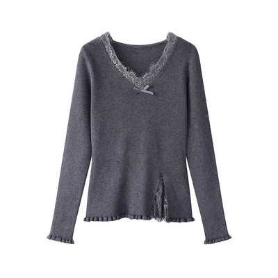 南瓜橘色蕾丝v领针织打底衫女冬