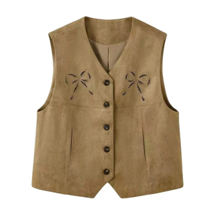 复古鹿皮绒V领马甲女春夏新款高级感镂空设计蝴蝶结无袖坎肩外套