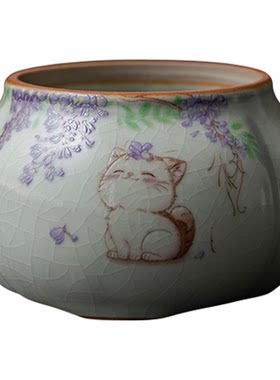 米黄汝窑紫藤猫咪香炉
