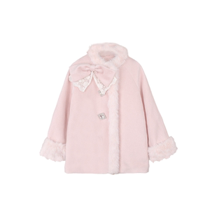 樱田雪穗 千金风环保皮草毛呢大衣【羽绒内胆】可拆卸蝴蝶结冬