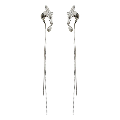 银色敲击天然珍珠手作延长链耳夹