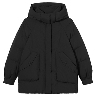 热风女士红色连帽羽绒服2025年冬季新款中长款宽松泡芙羽绒服外套