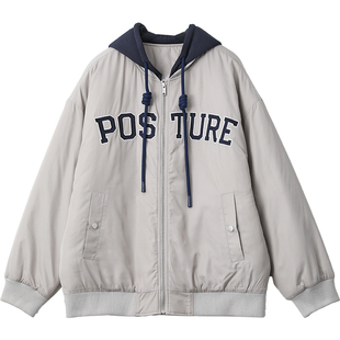 CV大码女装 冬季新品BF风假两件连帽刺绣棉服棒球服外套胖MM显瘦