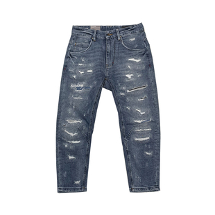 特价ABLE JEANS牛仔裤男水洗复古个性破洞潮流弹力补丁泼墨八分裤