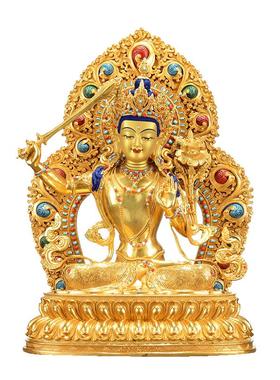 藏式鎏金文殊铜器摆件带背光铜像