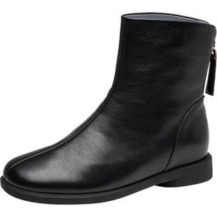 沙驰女鞋真皮靴子秋冬季新款小姨鞋后拉链瘦瘦靴低跟平底时装短靴