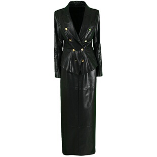 RL高档蛋白皮PU荷叶边皮衣外套西装夹克半身裙皮裙两件套装大码