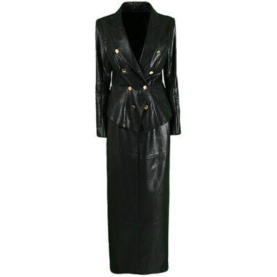 RL高档蛋白皮PU荷叶边皮衣外套西装夹克半身裙皮裙两件套装大码