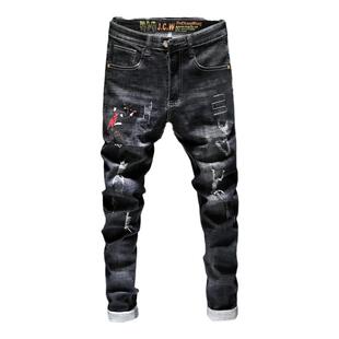 男裤子破洞牛仔裤男冬季加绒潮流个性花纹刺绣图案潮牌修身小脚裤