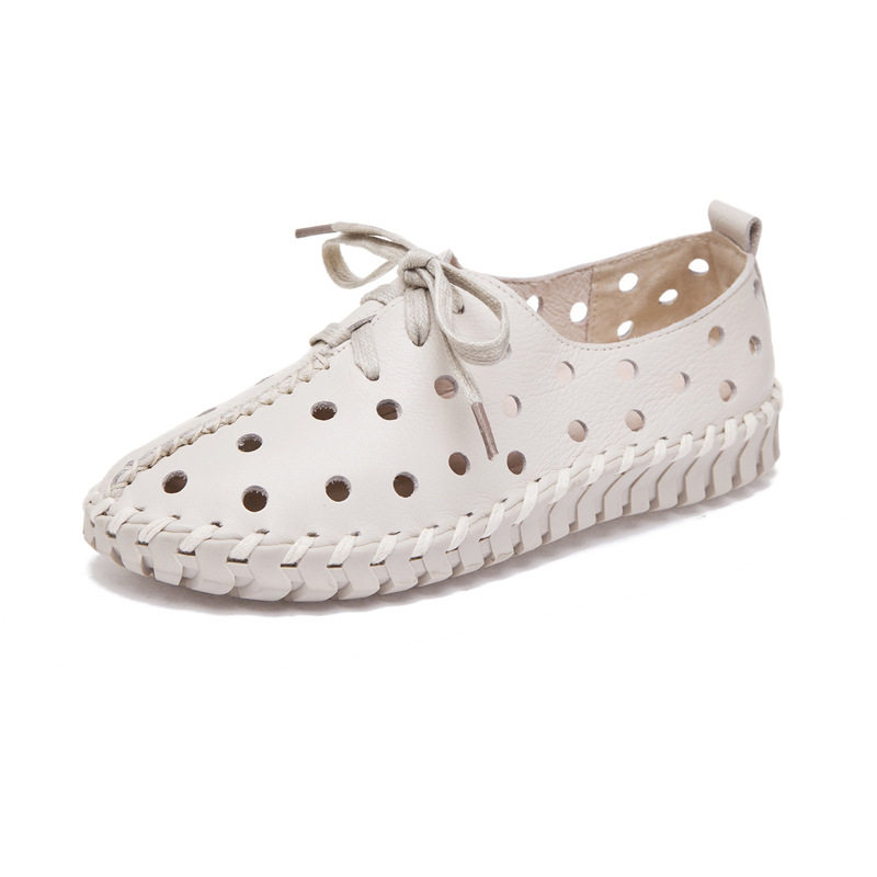 2025夏季真皮手工女鞋纯牛皮系带平底凉鞋软皮白色红色镂空洞洞鞋