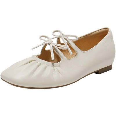 百丽蝴蝶结羊皮法式玛丽珍鞋
